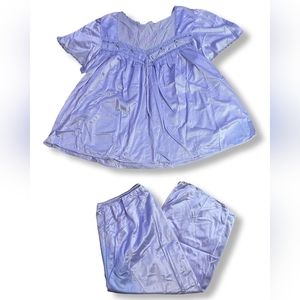 Lavender Faux Silk Embroidered Flowers Lace Trim Sleepwear Set, Size L